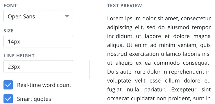 Writing settings with font, size, and line height fields, real-time word count and smart quotes checkboxes, and a text preview.