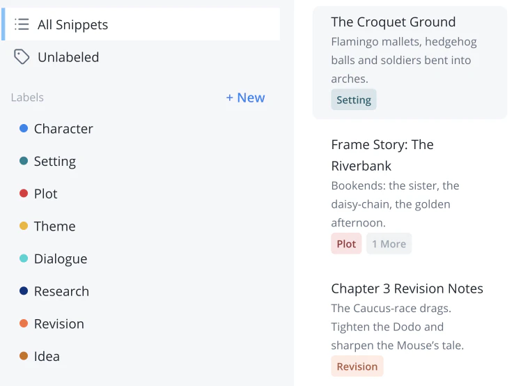 Snippet labels such as Character, Setting, Plot, and Revision beside a list of snippets including The Croquet Ground and Chapter 3 Revision Notes.