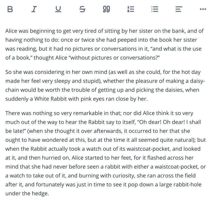 The first page of Down the Rabbit-Hole open in Novella’s writing view, under the formatting toolbar.